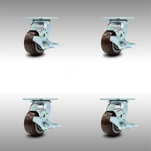 4 Inch SS Polyurethane Swivel Caster Set with Ball Bearings and Brakes SCC